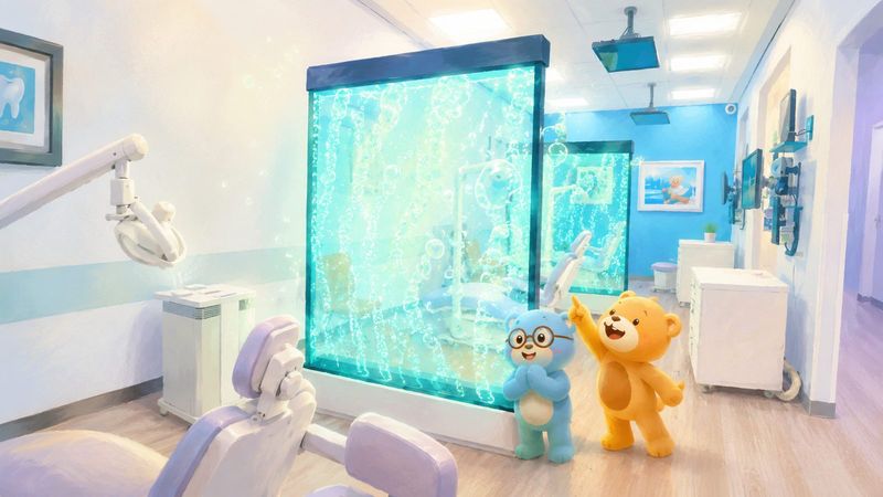 Storybook illustration: The bears in the open treatment area in front of the bubble wall.