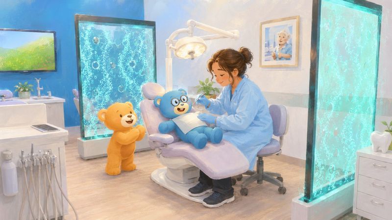 Storybook illustration: A hygienist gently checking a bear in the dental chair.