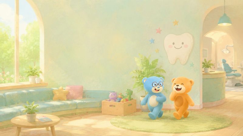 Storybook illustration: The bears in a calm, sensory-friendly play area.