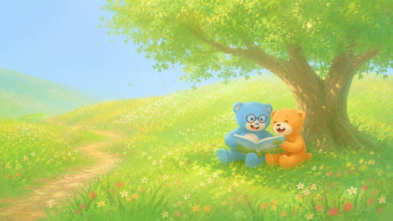 Storybook illustration: The bears reading a book together under a big tree.